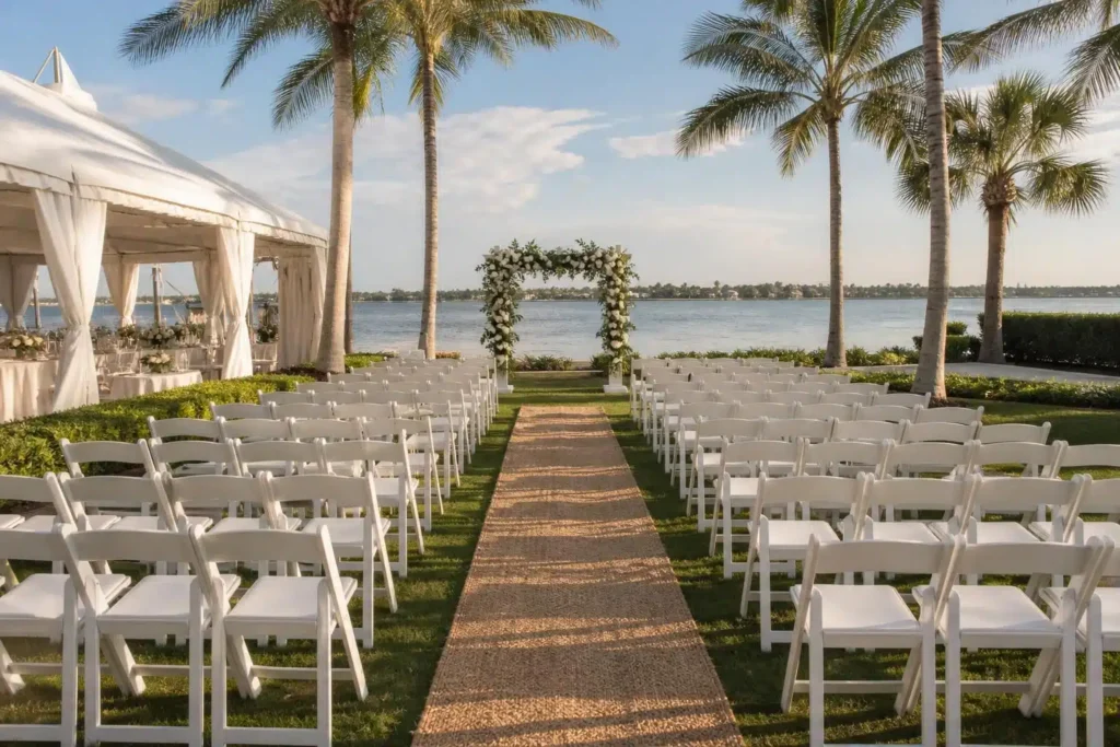 Waterfront wedding ceremony with white chairs and floral arch