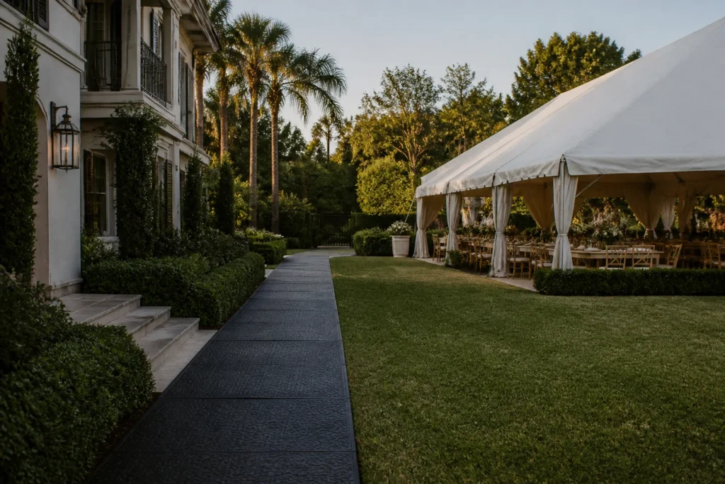 Private Florida estate event tent with protected landscaping and a dedicated service access path