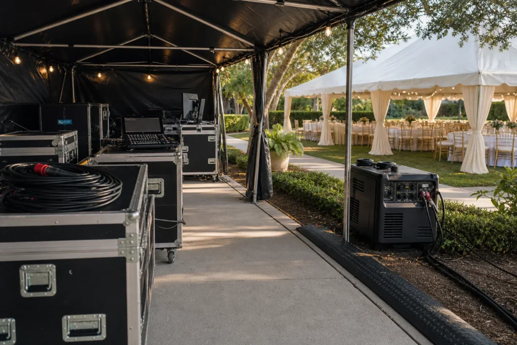 Organized outdoor event production area with road cases, power equipment and a finished reception tent beyond