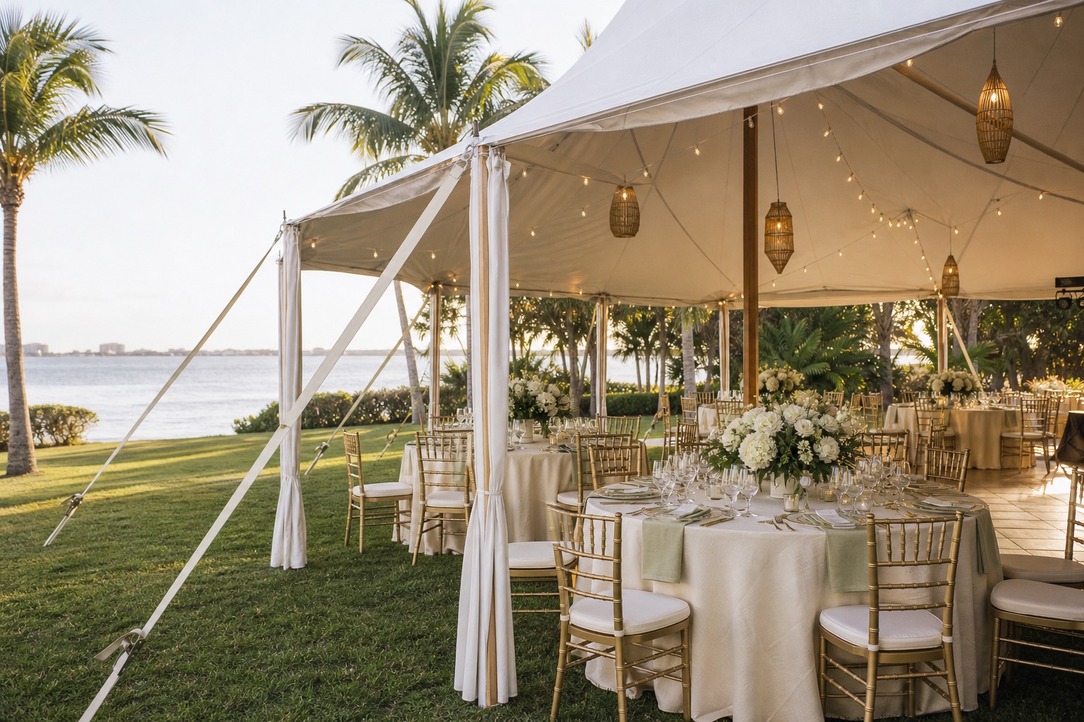 Elegant sailcloth tent reception with waterfront tablescapes in Southwest Florida