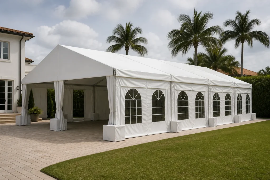 White frame event tent professionally secured on pavers beside a Florida lawn