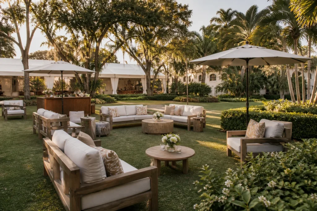 Outdoor event lounge seating, umbrellas and a portable bar arranged on a Florida estate lawn