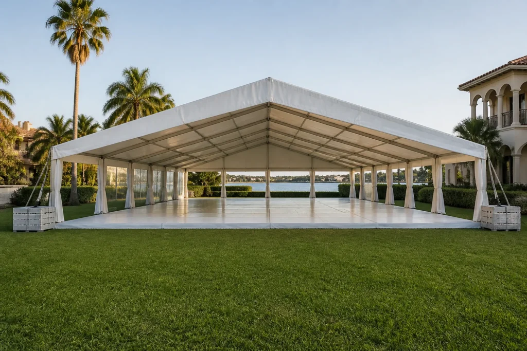 Large white poleless clearspan event tent professionally installed on a waterfront lawn