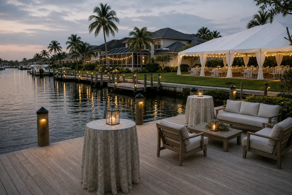 Canal-front Cape Coral event with a lawn reception tent and dockside cocktail lounge