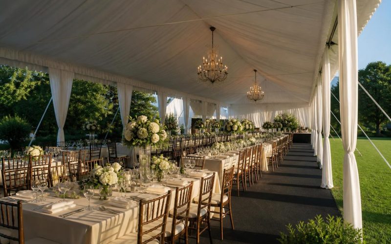 Elegant gala under a white tent liner with chandeliers and long banquet tables