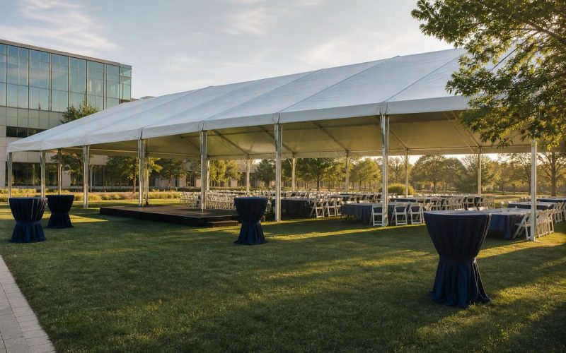 White structure tent set for an outdoor corporate event with cocktail tables and stage