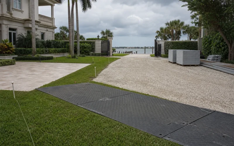 Waterfront estate event site review showing grass, pavers, gravel access, ground protection and tent footprint markers