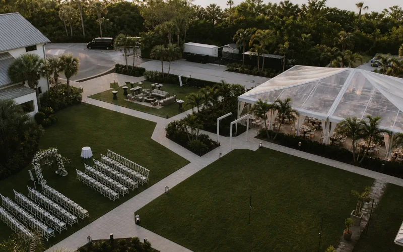 Estate wedding layout connecting ceremony seating, reception tent and accessible guest paths